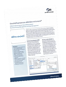 OPTIMAL SYSTEMS Broschüre "Geschäftsprozesse abbilden mit enaio" mit Text, Logo, Features und zwei Screenshots; leicht gekippt.