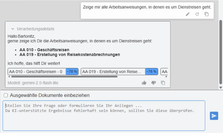 Screenshot enaio® lumee: Eine deutsche Benutzeroberfläche zeigt Arbeitsreisethemen mit hervorgehobenen Optionen und Prozentbalken sowie einem Textfeld am unteren Rand.