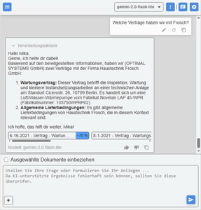 Eine deutsche Schnittstelle zeigt eine Frosch-Vertragsabfrage, einen Antworttext, eine Vertragsdatumstabelle und Optionen zum Anhängen von Dokumenten.