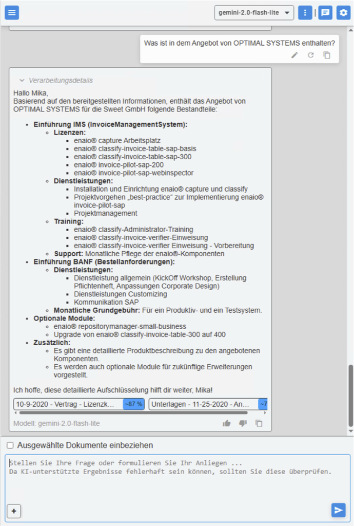 Screenshot enaio® lumee: Deutscher E-Mail-Screenshot, der die Funktionen von OPTIMAL SYSTEMS für die Sweet GmbH auflistet: Info-Management, Archivierung, Module und Dokumentenintegration.