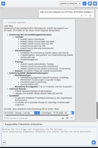 Screenshot einer deutschen E-Mail mit Einzelheiten zum Angebot von OPTIMAL SYSTEMS: Module, Schulungen, individuelle Optionen; Anhänge und Dokumentenlinks sind unten hervorgehoben.