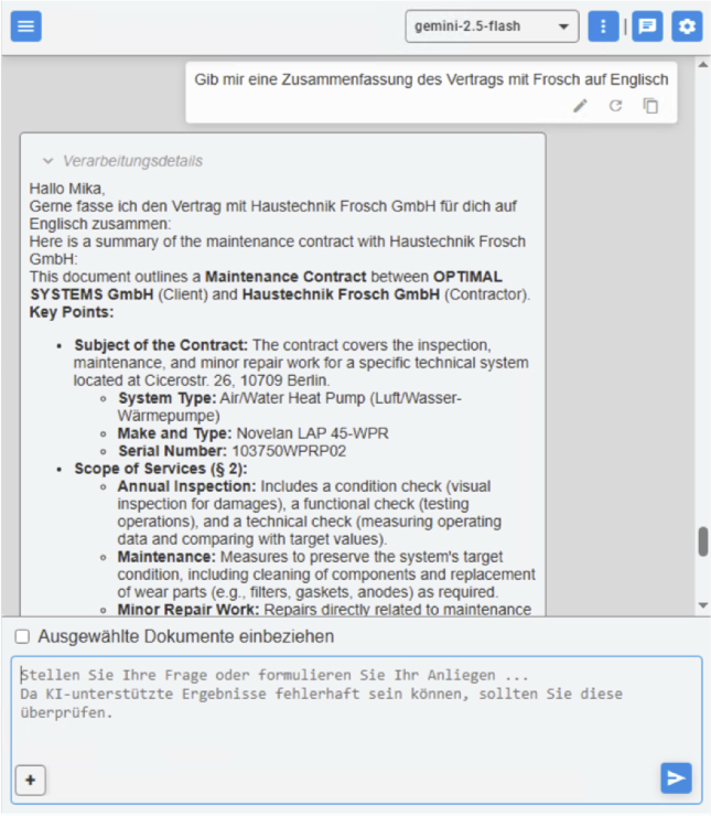 Screenshot enaio® lumee: Computerbildschirm mit einer E-Mail zum Wartungsvertrag und einem gelb hervorgehobenen Abschnitt für Fragen oder Anliegen darunter.