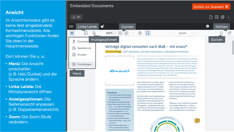 Bildschirmfoto der Software-Oberfläche mit Dokumentenbetrachter, blauer Seitenleiste auf Deutsch, Steuerungsschaltflächen und hervorgehobenem Bearbeitungsmenü.
