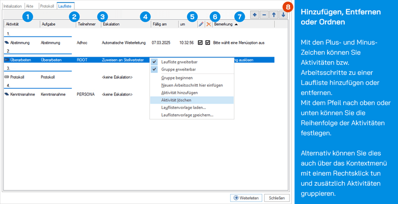 Bildschirmfoto der deutschen Software mit Werkzeugen für das Aktivitätsmanagement, einem Dropdown-Menü für die Bearbeitung und einer blauen Seitenleiste, die Änderungen an Aktivitäten anzeigt.