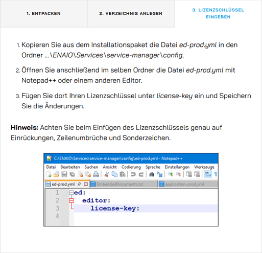 Deutsche Setup-Anleitung, Schritt 3: "ed-prod.yml" kopieren/bearbeiten, Lizenzschlüssel hinzufügen. Die Beispieldatei ist in Notepad++ hervorgehoben.