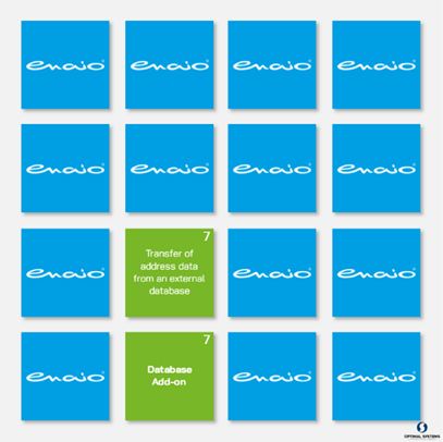 4x4 Raster aus blauen enaio-Logoquadraten; zwei grüne Quadrate in der dritten Spalte lauten "Übertragung von Adressdaten" und "Datenbankzusatz".