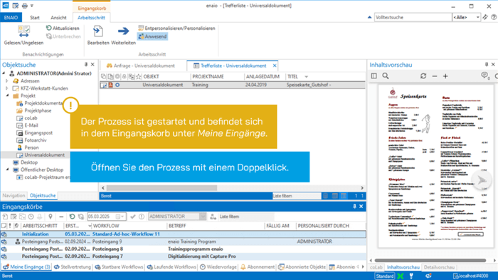 Deutsche Softwareoberfläche mit mehreren Bedienfeldern, gelben und blauen Anweisungsfeldern und einer Dokumentenvorschau auf der rechten Seite.