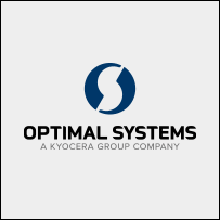 Optimal Systems logo: dark blue abstract circle above bold black company name and gray subtitle, all on a light background.