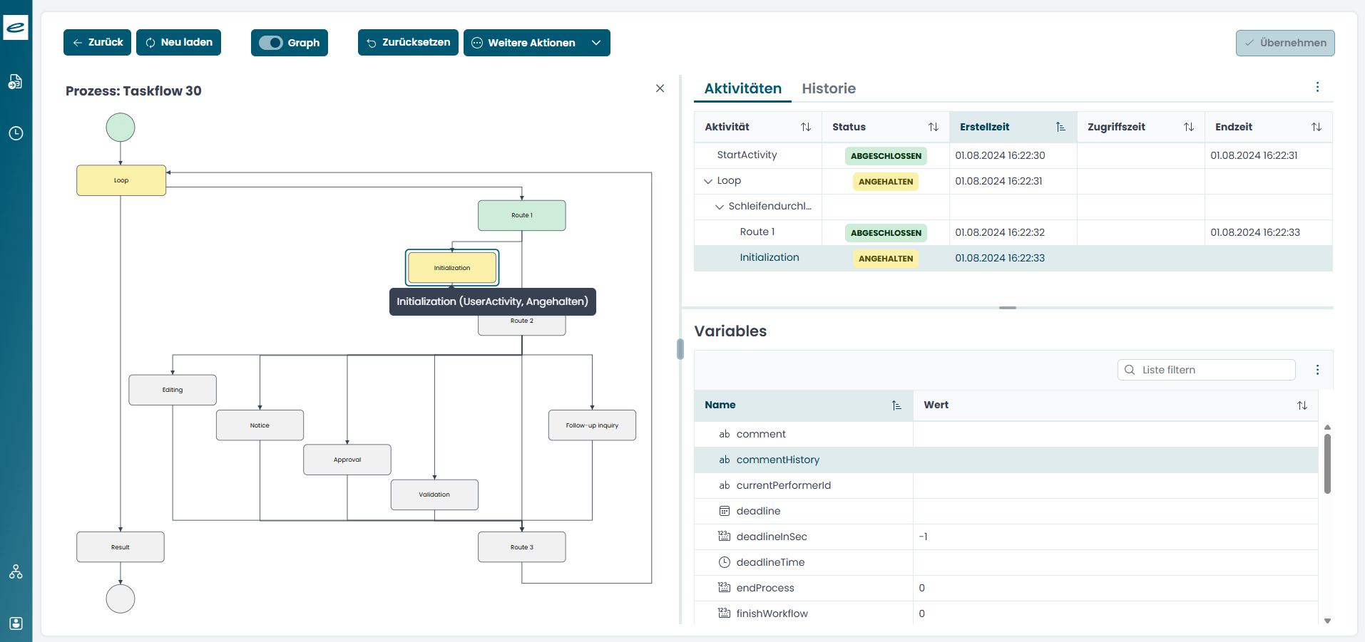 Software interface with “Process: TaskFlow 3D” flowchart on the left, and activities, status, time stamp, variables on the right.
