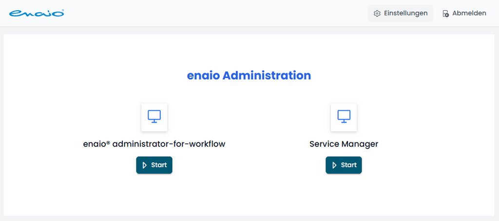 enaio administration page with the options “enaio administrator-for-workflow” and “Service Manager,” each with icons, start buttons, and settings/logout at the top right.