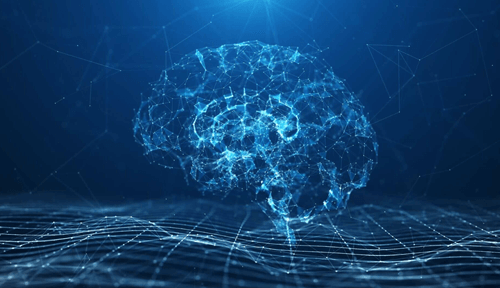 Blaue Striche und Punkte, die das Gehirn illustrieren, schweben über einem Gitter auf einem dunkelblauen Hintergrund mit geometrischen Formen.