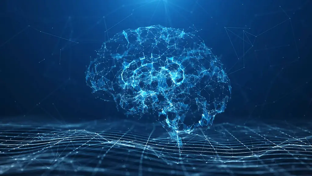 Zusammenhängende blaue Linien bilden ein menschliches Gehirn auf einem dunkelblauen Hintergrund mit abstrakten Rastern und leuchtenden Lichteffekten.