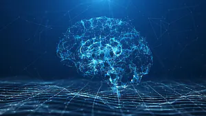 Zusammenhängende blaue Linien bilden ein menschliches Gehirn auf einem dunkelblauen Hintergrund mit abstrakten Rastern und leuchtenden Lichteffekten.