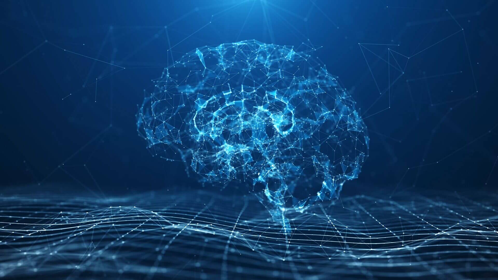 Zusammenhängende blaue Linien bilden ein menschliches Gehirn auf einem dunkelblauen Hintergrund mit abstrakten Rastern und leuchtenden Lichteffekten.