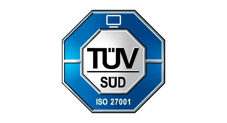 Blau-silberne TÜV SÜD-Plakette mit einem Computersymbol und dem Text "ISO 27001", der die Zertifizierung der Informationssicherheit kennzeichnet.