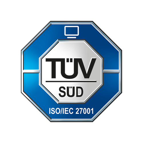 Blaue und silberne achteckige Plakette mit "TÜV SÜD" in der Mitte, "ISO/IEC 27001" darunter und einem kleinen Computersymbol über dem Text.