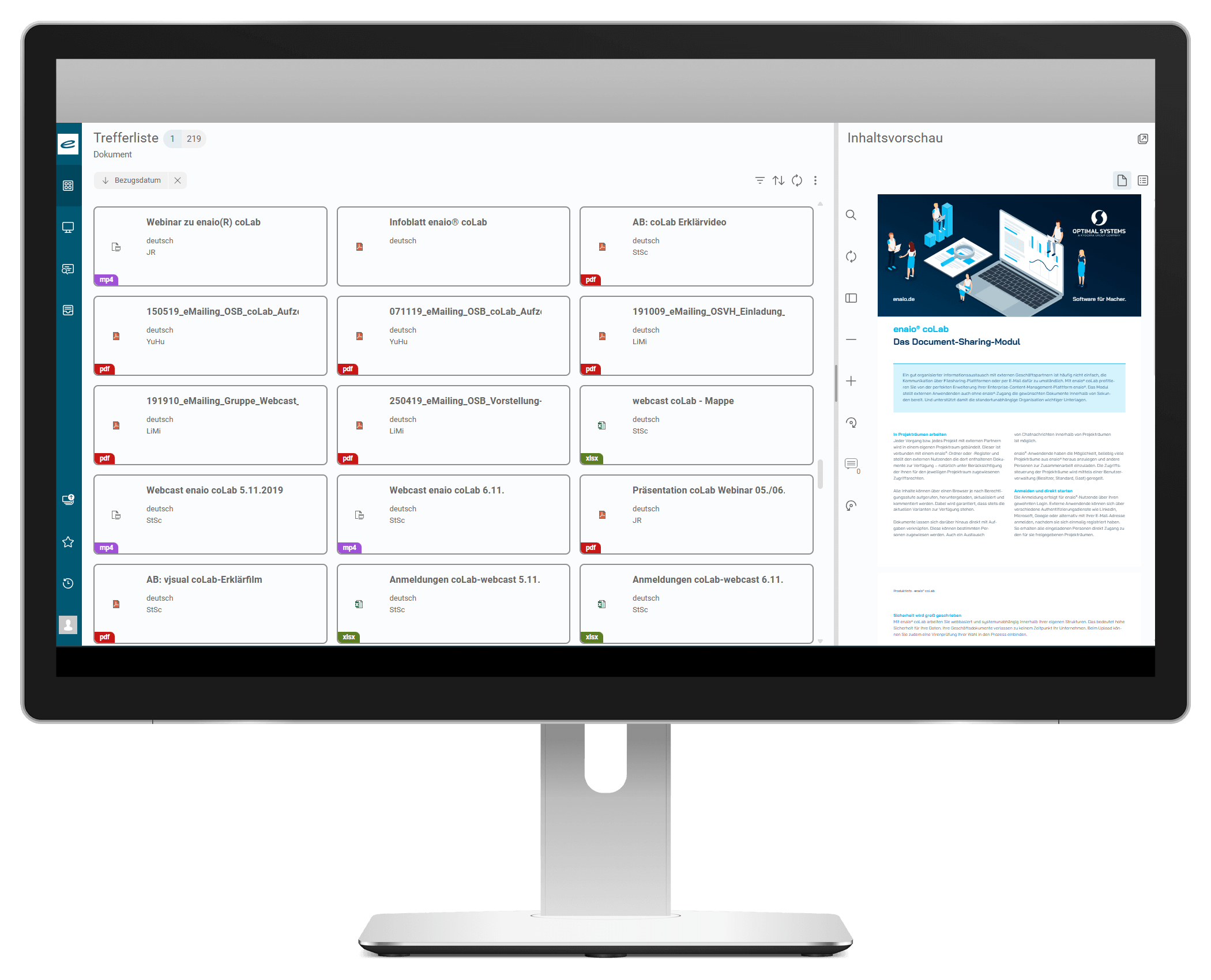 A monitor shows a dashboard with document cards on the left, a preview on the right, and folder and search icons.