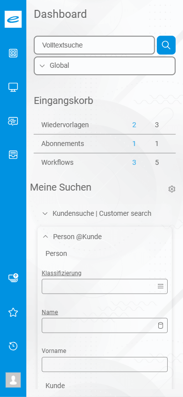 Bildschirmfoto des Dashboards mit linker Seitenleiste, Suchleiste, Posteingang und Kundenfiltern; Beschriftungen in Deutsch und Englisch.