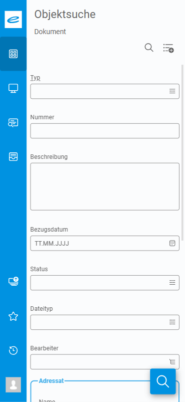 Deutsches Dokumentensuchformular mit Feldern, Suchschaltfläche und vertikaler linker Menüleiste.