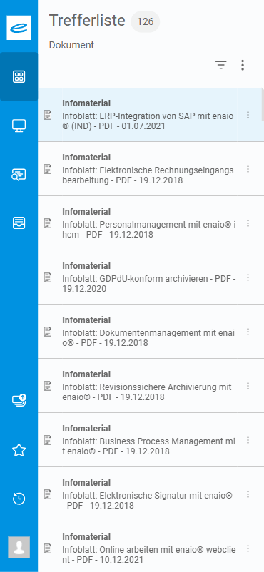 Deutsche Trefferliste in enaio® mit 126 Ergebnissen; Symbole in der Seitenleiste sichtbar. Die Einträge zeigen Typ, Titel und Datum.