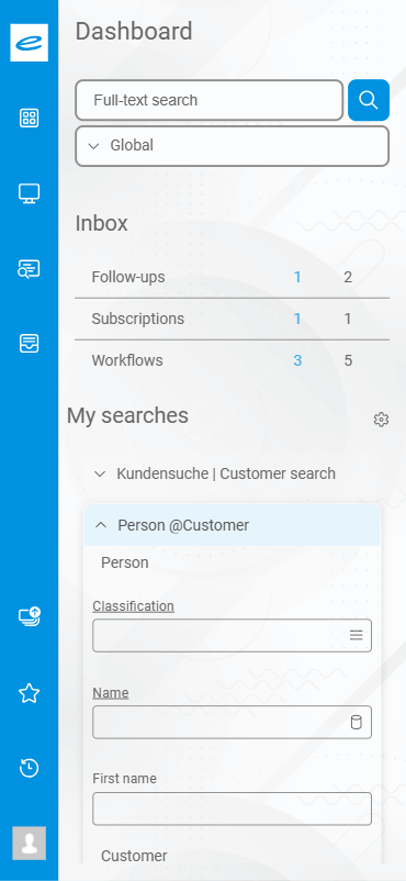 Dashboard with search bar, inbox tabs, "My searches" section, customer form, and a vertical menu on the left.