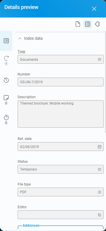 Details panel showing document info: Type (Documents), Number (OS-UN-7/2019), Description, Date, Status, and PDF file type.