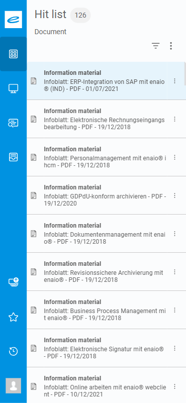Document management screenshot listing info materials with type, title, PDF format, date; icons and menus on the left.
