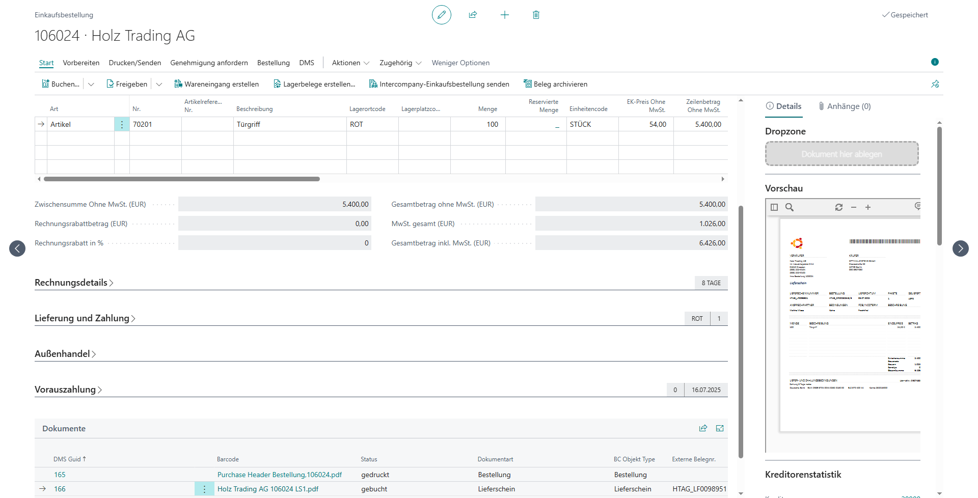 Microsoft Business Central Bestellung Screenshot