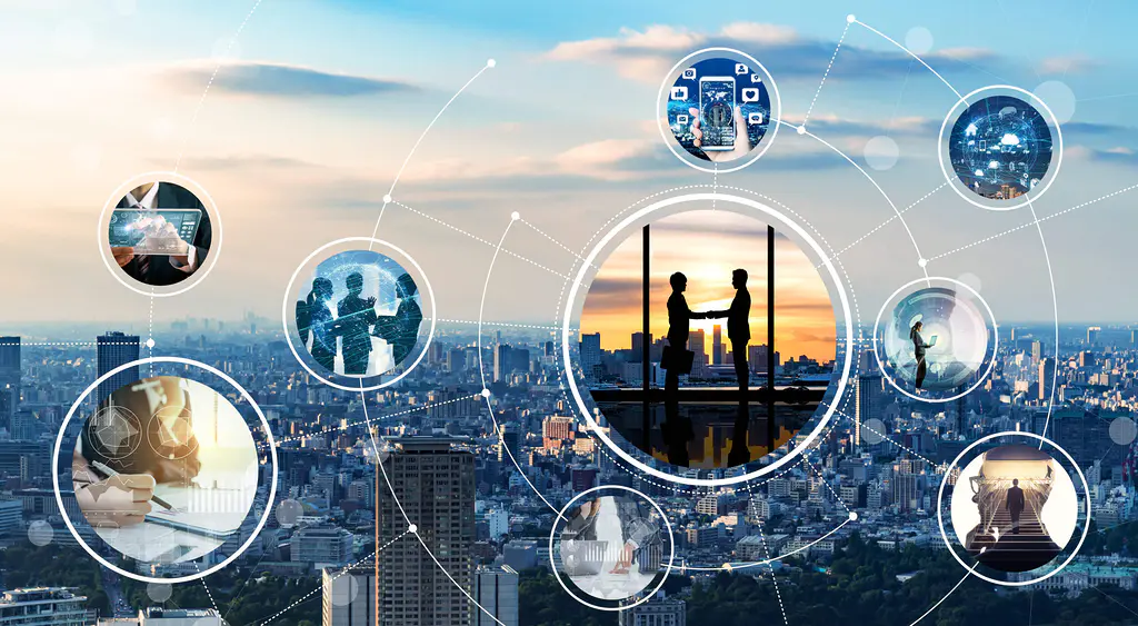 eine Komposition mit einer Großstadt im Hintergrund und mehreren Bildausschnitten von Business-Aktivitäten im Vordergrund